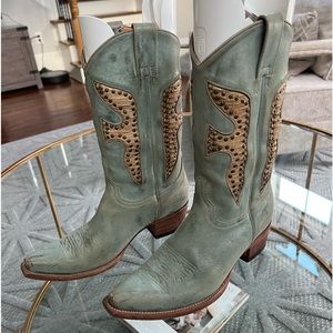 Distressed pale turquoise Frye boots w snakeskin